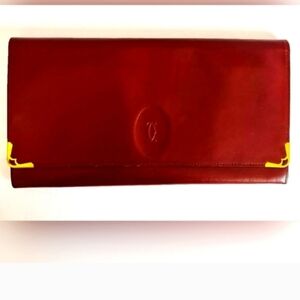 Cartier Deep Burgundy RedLeather Clutch with 24 K Gold Accents EUC